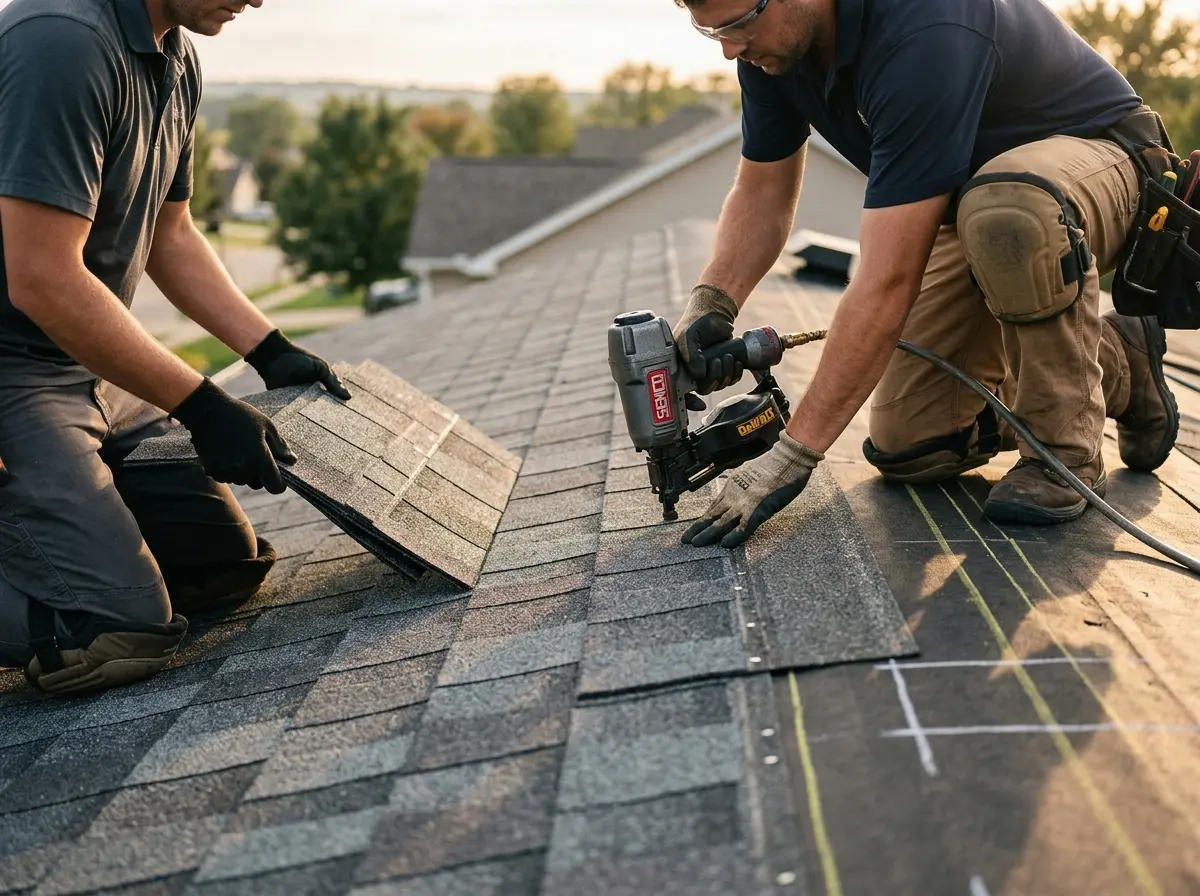 Professional roofer working on a residential roof in Merrill